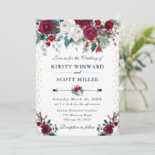 エレガントな冬のバーガンディ＆ホワイト フラワー ウェディング 招待状 (スタンド正面)