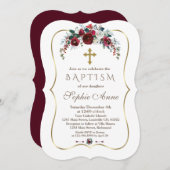 エレガントな冬のワインレッド フラワー ピン ゴールド 洗礼 招待状 (正面/裏面)