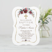 エレガントな冬のワインレッド フラワー ピン ゴールド 洗礼 招待状 (スタンド正面)