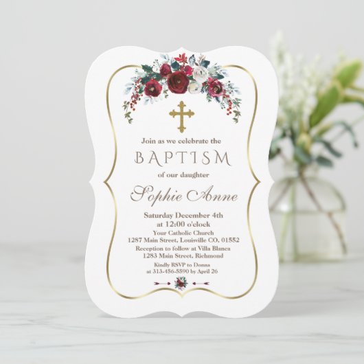 エレガントな冬のワインレッド フラワー ピン ゴールド 洗礼 招待状 (スタンド正面)