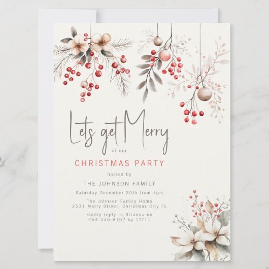 エレガントな冬の実と花のクリスマスパーティー 招待状 (正面)