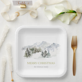 エレガントな冬の山のクリスマス ペーパープレート