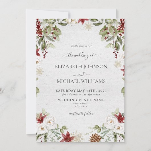 エレガントな冬の水彩ボタニカルスクリプトウェディング 招待状 (正面)