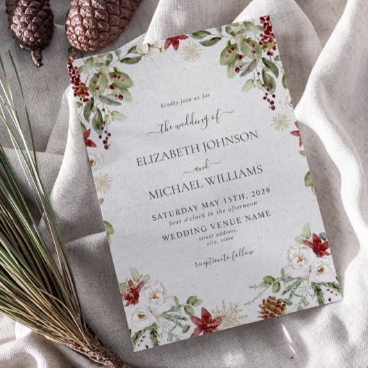 エレガントな冬の水彩ボタニカルスクリプトウェディング 招待状