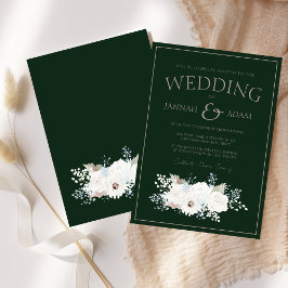 エレガントな冬の白い花と緑の結婚式 招待状
