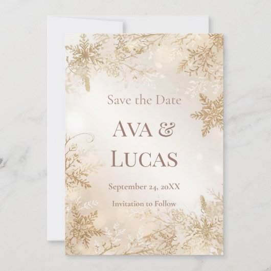 エレガントな冬の結婚式の事前告知(Save the Date)|アイボリーゴールド 招待状 (正面)