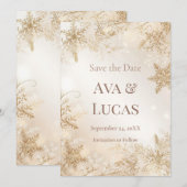 エレガントな冬の結婚式の事前告知(Save the Date)|アイボリーゴールド 招待状 (正面/裏面)