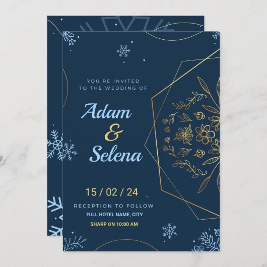 エレガントな冬の結婚式 招待状 (正面/裏面)