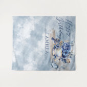 エレガントな冬の花のティーカップ ハッピーバースデー タペストリー (正面(横))