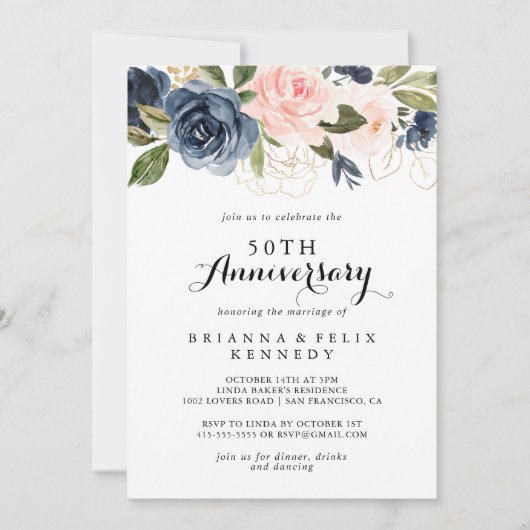エレガントな冬の花 モダンな50周年結婚記念日 招待状 (正面)