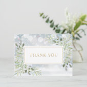 エレガントな冬の雪の花と緑のゴールド サンキューカード (スタンド正面)