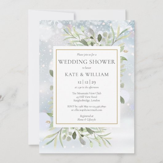 エレガントな冬の雪の華やかなグリーンの結婚式前祝賀会 招待状 (正面)