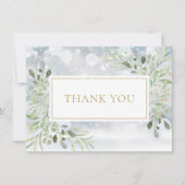 エレガントな冬の雪の葉のグリーン ゴールド サンキューカード (正面)