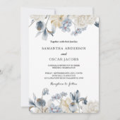 エレガントな冬の青と白の花 招待状 (正面)