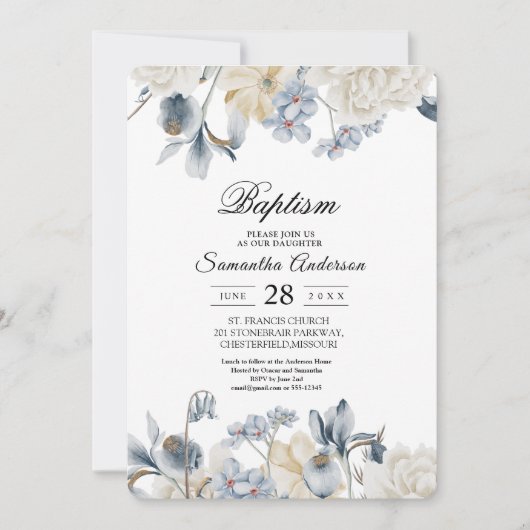 エレガントな冬の青と白の花 招待状 (正面)