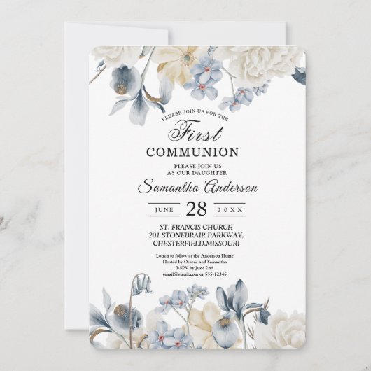 エレガントな冬の青と白の花 招待状 (正面)