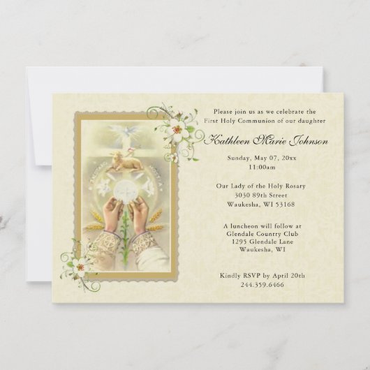 エレガントな初めての聖体拝領招待状 招待状 (正面)