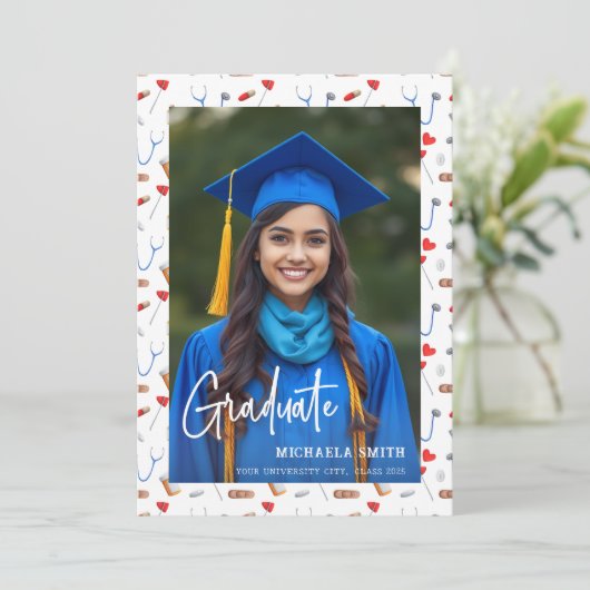 エレガントな医療看護師スクリプト写真卒業生 案内状 (スタンド正面)