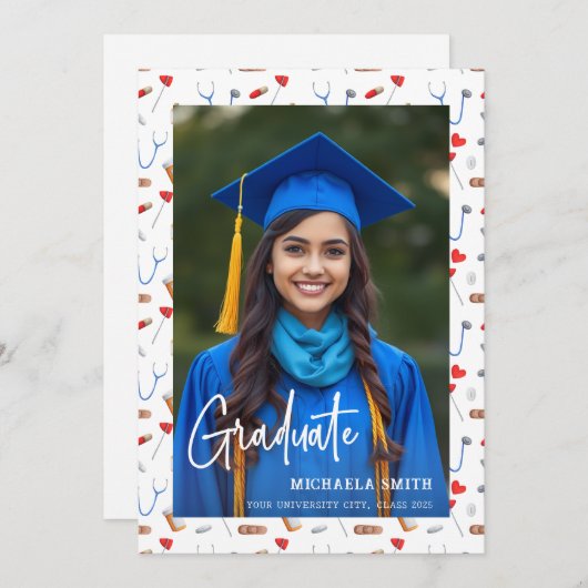 エレガントな医療看護師スクリプト写真卒業生 案内状 (正面/裏面)