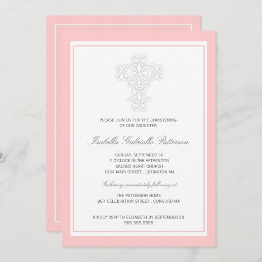 エレガントな十字の女の赤ちゃんの《キリスト教》洗礼式や命名式の招待状 招待状 (正面/裏面)