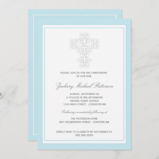 エレガントな十字の男の赤ちゃんの《キリスト教》洗礼式や命名式の招待状 招待状 (正面/裏面)