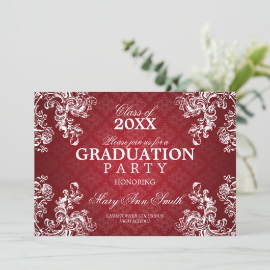 エレガントな卒業のヴィンテージ王室のなスクロール赤 招待状 (スタンド正面)