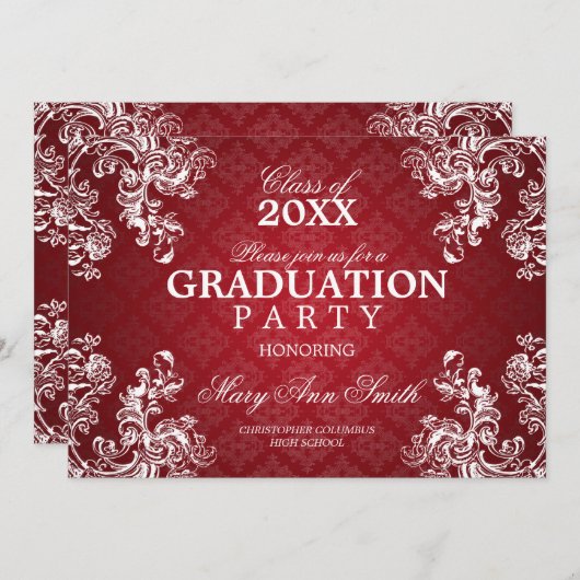 エレガントな卒業のヴィンテージ王室のなスクロール赤 招待状 (正面/裏面)