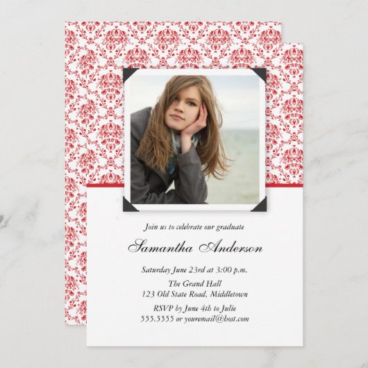 エレガントな卒業の招待状の発表-赤 招待状 (正面/裏面)