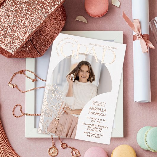 エレガントな卒業アーチ花柄写真フレーム 箔招待状