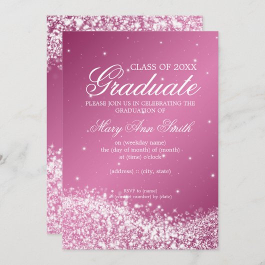 エレガントな卒業パーティーのきらめくな波のピンク 招待状 (正面/裏面)