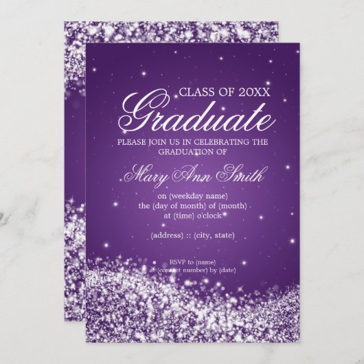 エレガントな卒業パーティーのきらめくな波の紫色 招待状 (正面/裏面)