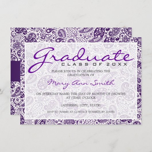 エレガントな卒業パーティーのペイズリーの紫色 招待状 (正面/裏面)