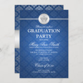 エレガントな卒業パーティー クラシックなクラウン 青 招待状 (正面/裏面)