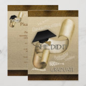 エレガントな卒業帽のスクロール飾りが付いた女性用 招待状 (正面/裏面)