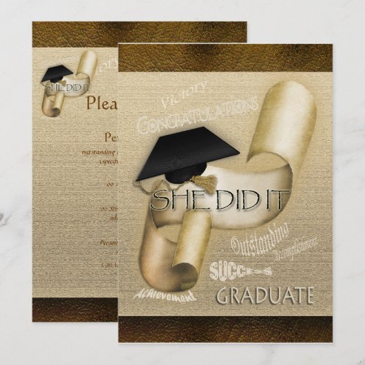 エレガントな卒業帽のスクロール飾りが付いた女性用 招待状 (正面/裏面)