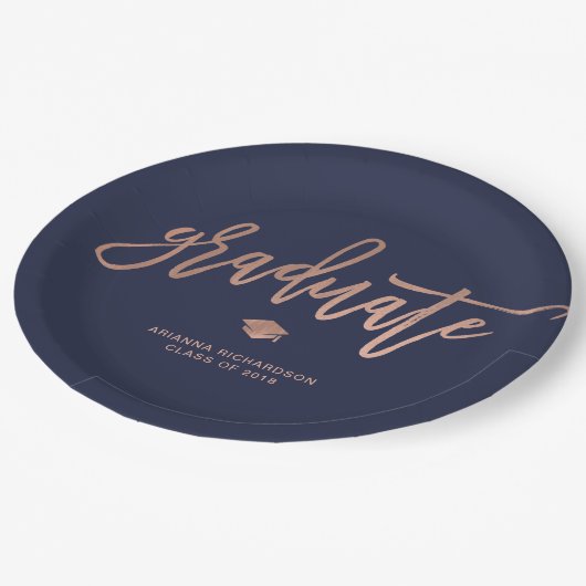 エレガントな卒業生|の濃紺およびのどのばら色の金ゴールド ペーパープレート (アングル)