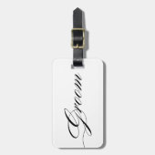 エレガントな原稿のフォントの新郎の荷物のラベルの新婚旅行 ラゲッジタグ (正面縦)