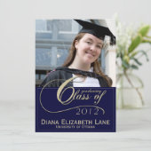 エレガントな原稿の写真の卒業生の招待状-青 招待状 (スタンド正面)