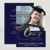 エレガントな原稿の写真の卒業生の招待状-青 招待状 (正面/裏面)
