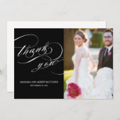 エレガントな原稿の白黒の結婚式の写真は感謝していしています サンキューカード (正面/裏面)