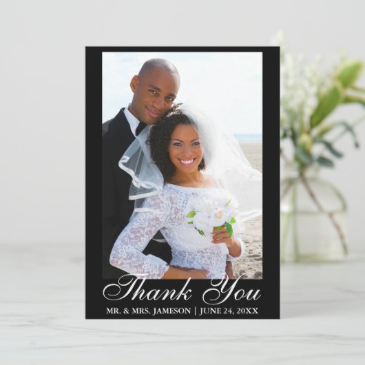 エレガントな原稿の結婚式の写真は感謝していしています サンキューカード (スタンド正面)
