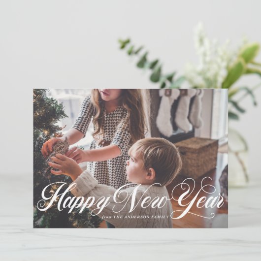 エレガントな原稿|の明けましておめでとうの写真の平らなカード シーズンカード (スタンド正面)