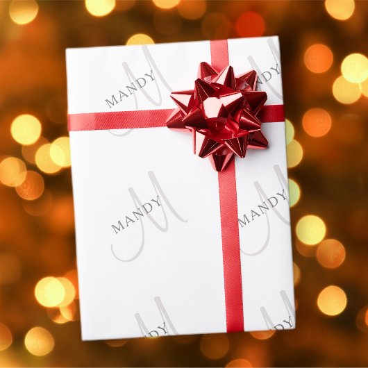 エレガントな名前のモノグラム & 白 & グレー ラッピングペーパー