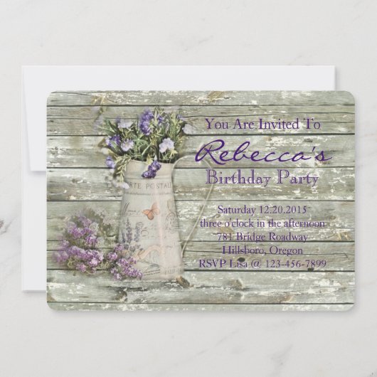 エレガントな国のラベンダーの花の誕生会 招待状 (裏面)