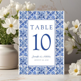 エレガントな地中海スタイルの青いタイルの結婚式 テーブルナンバー
