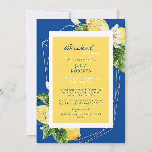 エレガントな地中海スタイルの青と黄色のブライズシャワー 招待状 (正面)