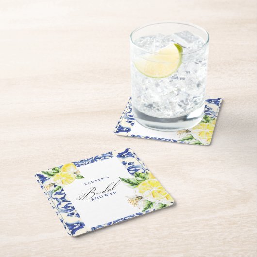 エレガントな地中海風レモン花のブライダルシャワー スクエアペーパーコースター (インサイチュ)