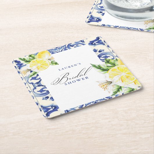 エレガントな地中海風レモン花のブライダルシャワー スクエアペーパーコースター (アングル)
