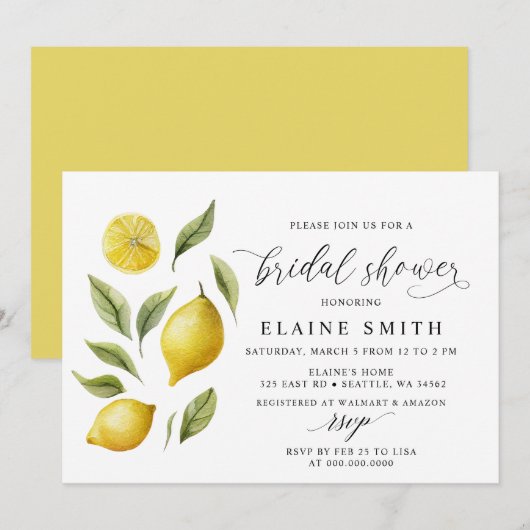 エレガントな夏のレモンライムシトラス ブライダルシャワー 招待状 (正面/裏面)