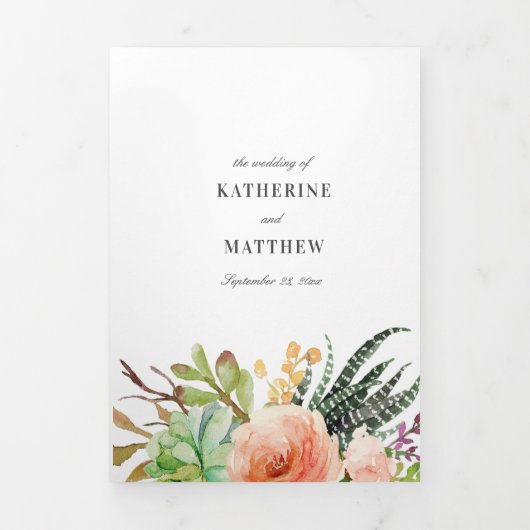 エレガントな多肉植物とバラのオールインワン結婚式写真 三つ折り招待状 (カバー)
